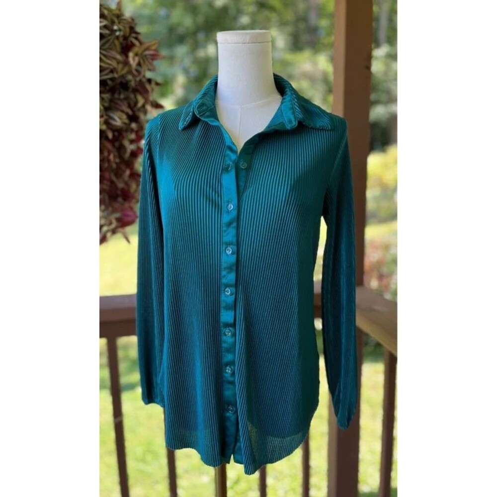 RO&DE Emerald Green Pleated Button Front Blouse XS Satin Collared Long Sleeve